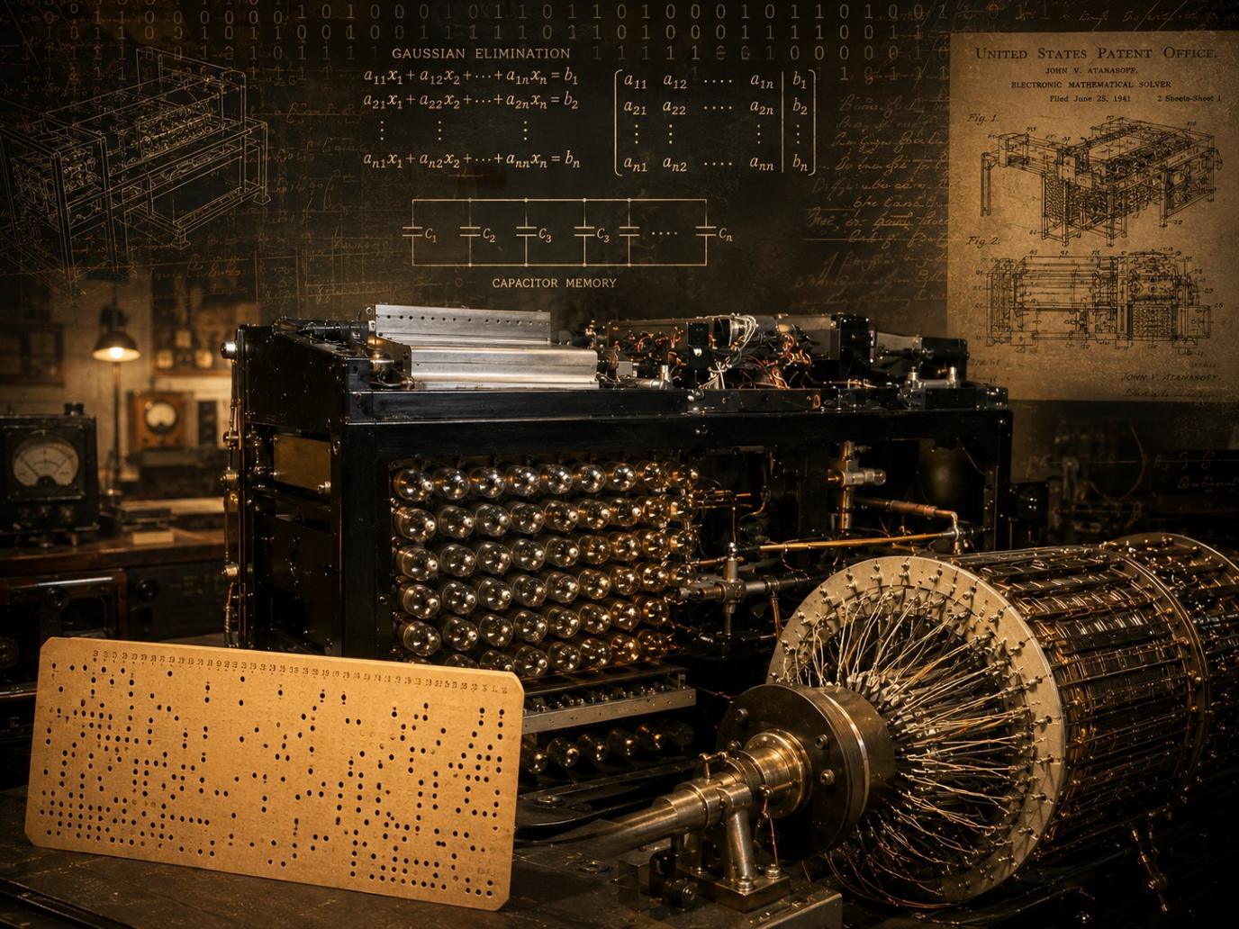 Black-and-white historical collage showing John Vincent Atanasoff, Clifford Berry, the Atanasoff-Berry Computer, vacuum tubes, a technical schematic, a punched card, and an Iowa State building in an archival documentary style.