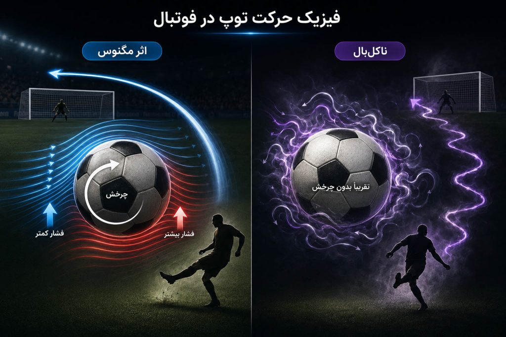 اینفوگرافی مقایسه فیزیک حرکت توپ در فوتبال شامل اثر مگنوس و تکنیک ناکل بال، نحوه چرخش توپ، اختلاف فشار و مسیرهای منحنی و کات دار